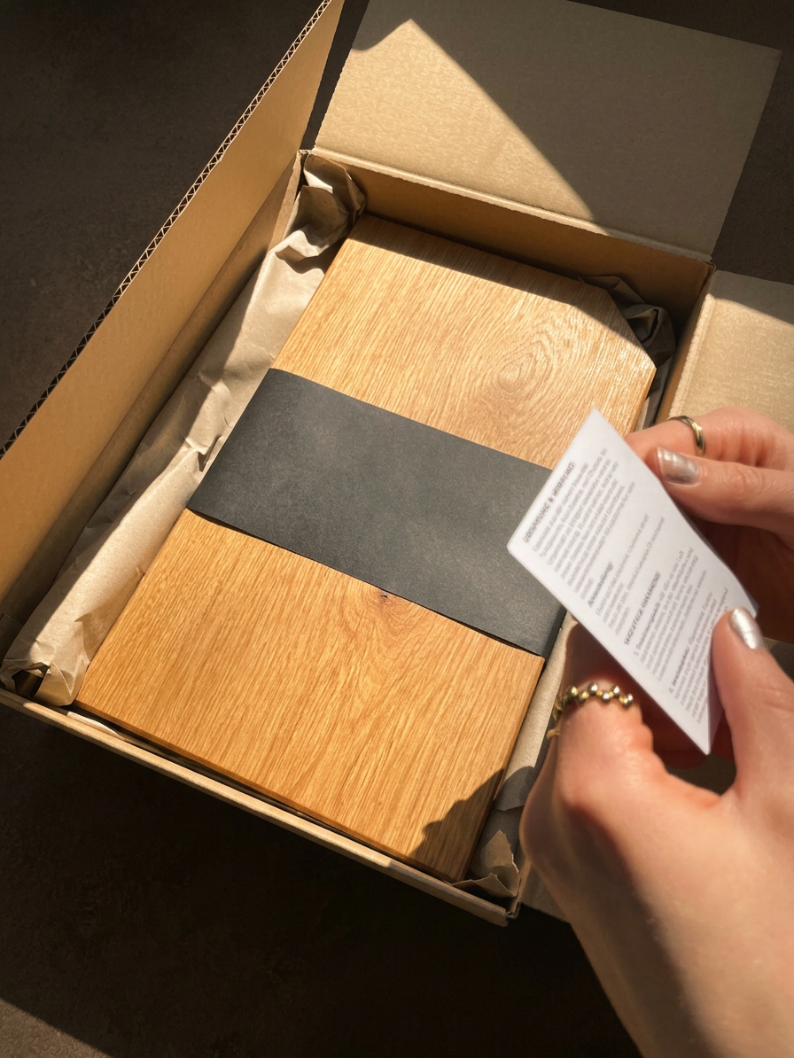 Hände packen ein Rohbrett No1 aus dem Versandkarton aus.